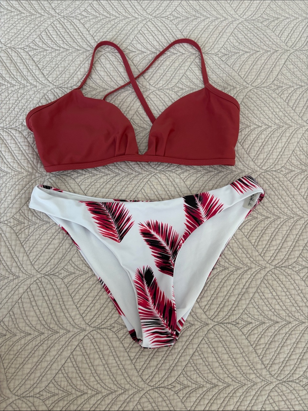 SHEIN Red Bralette Bikini Top with White Feather-Print Bottom